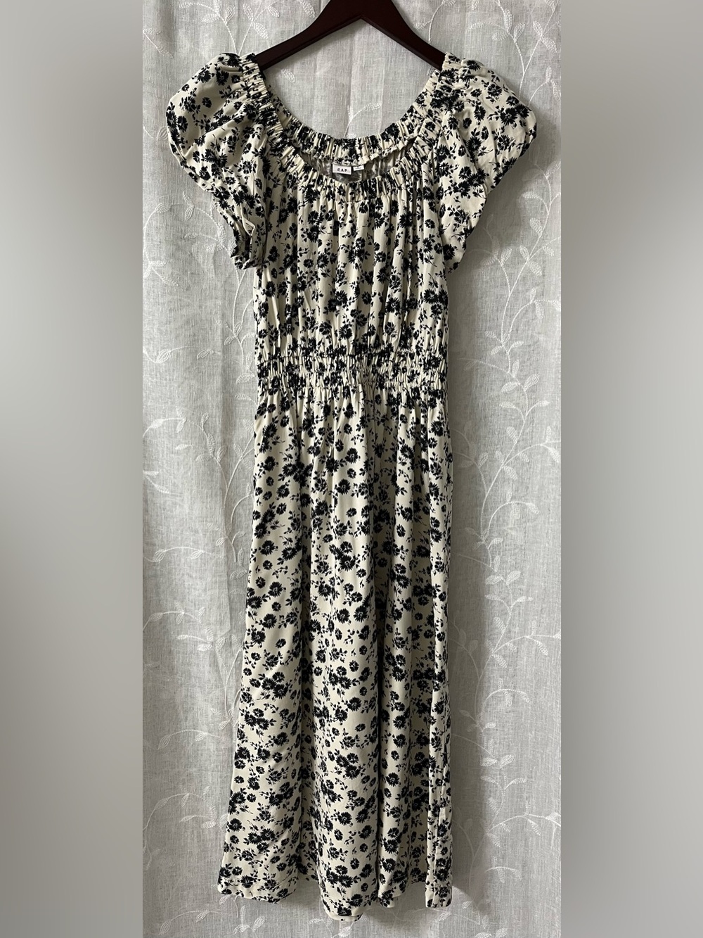 LOFT Cream Maxi Dress with Black Floral Print Size Small